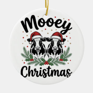 Mooey Christmas Cow Vintage Engraving Shirt Design Ceramic Tree Decoration