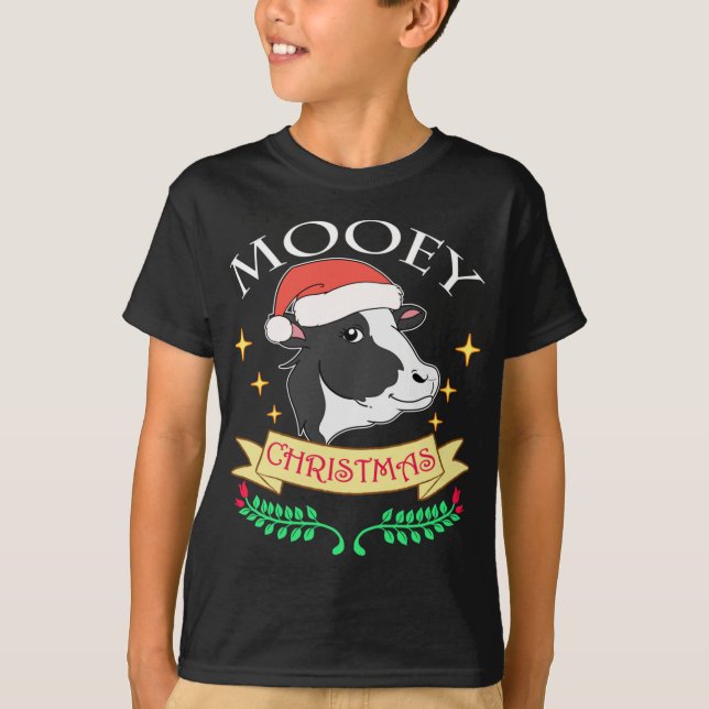 Mooey Christmas Cow Wearing Santa Hat Cute Graphic T-Shirt (Front)