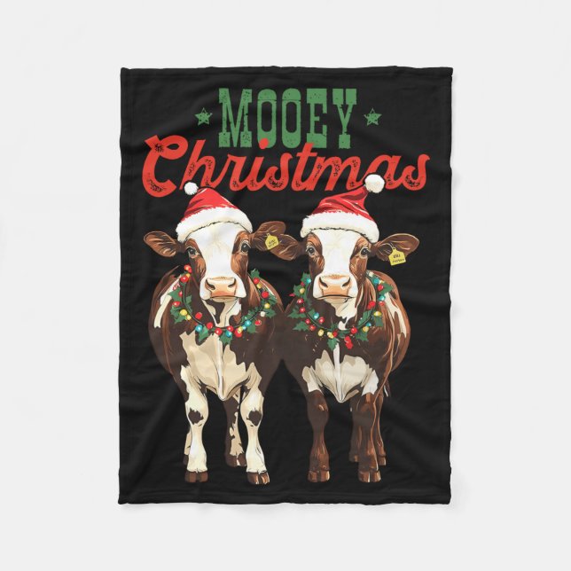 Mooey Christmas Cow With Santa Hats Xmas Lights Me Fleece Blanket (Front)