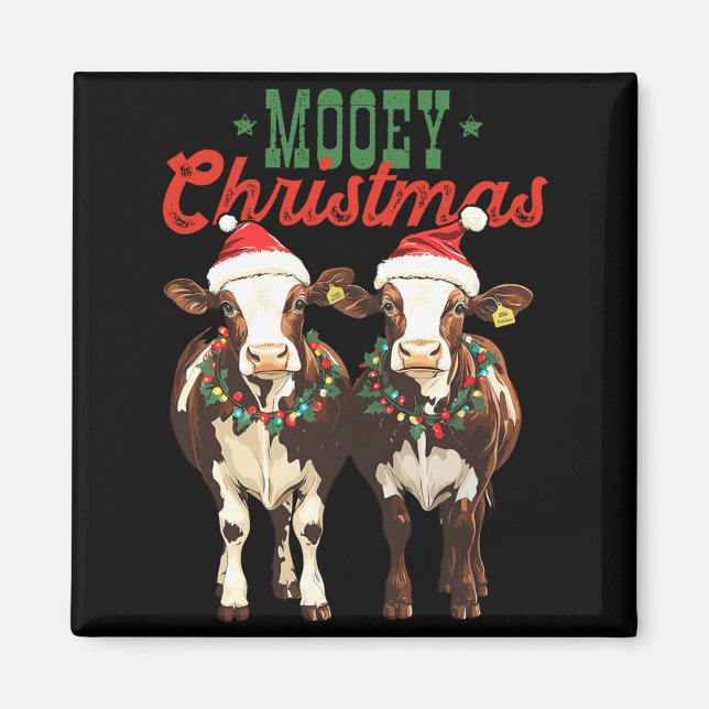 Mooey Christmas Cow With Santa Hats Xmas Lights Me Magnet (Front)