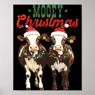 Mooey Christmas Cow With Santa Hats Xmas Lights Me Poster