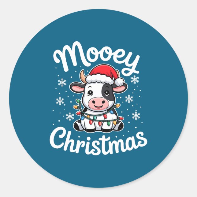Mooey Christmas Cute Cow With Santa Hat And Holida Classic Round Sticker (Front)