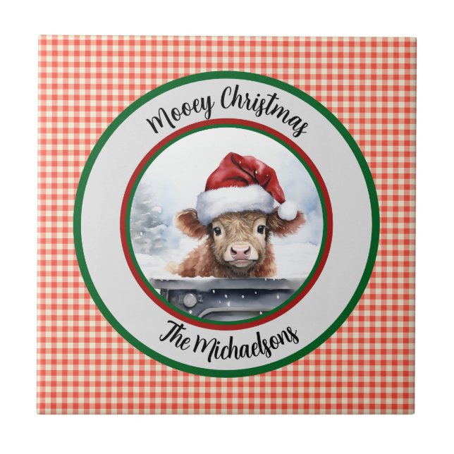 Mooey Christmas Funny Highland Cow Red Gingham  Tile (Front)