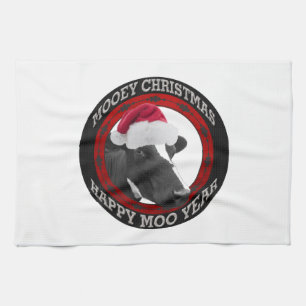 Mooey Christmas Happy Moo Year Santa Hat Cow Tea Towel