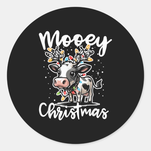 Mooey Christmas Heifer Cow Reindeer Christmas Ligh Classic Round Sticker (Front)