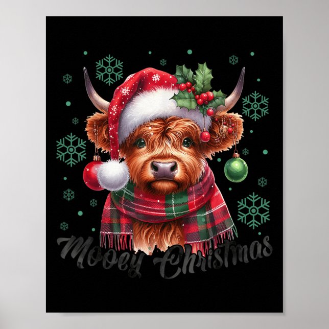 Mooey Christmas Highland Cow Christmas Lights Cow  Poster (Front)