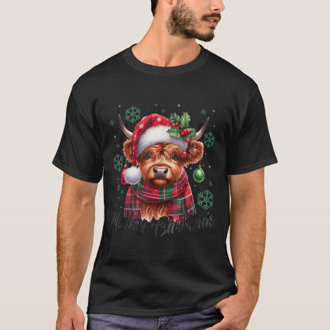 Mooey Christmas Highland Cow Christmas Lights Cow  T-Shirt (Front)