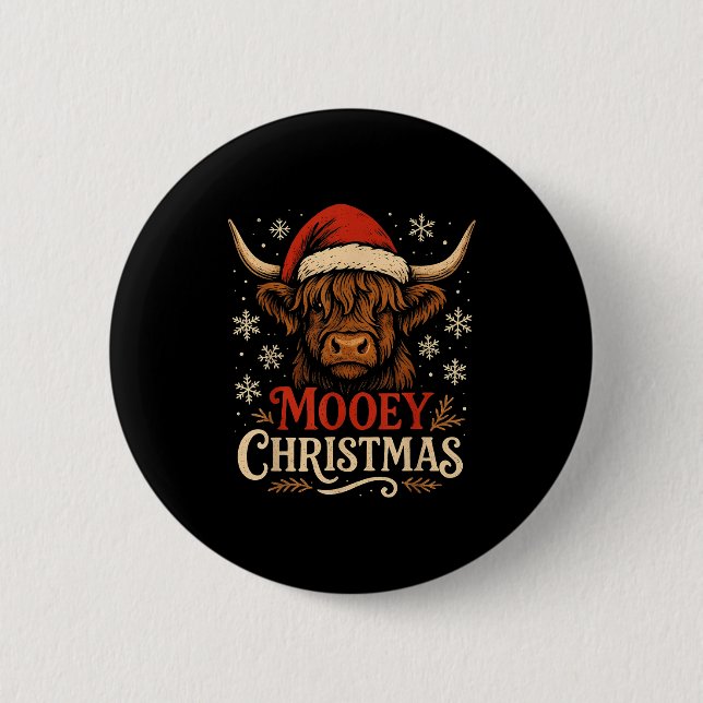 Mooey Christmas Highland Cow Funny Santa Hat Desig 6 Cm Round Badge (Front)