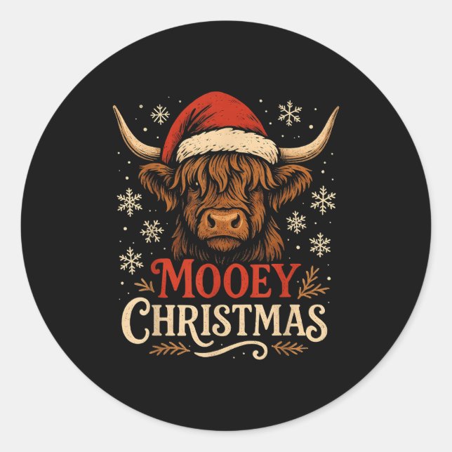 Mooey Christmas Highland Cow Funny Santa Hat Desig Classic Round Sticker (Front)