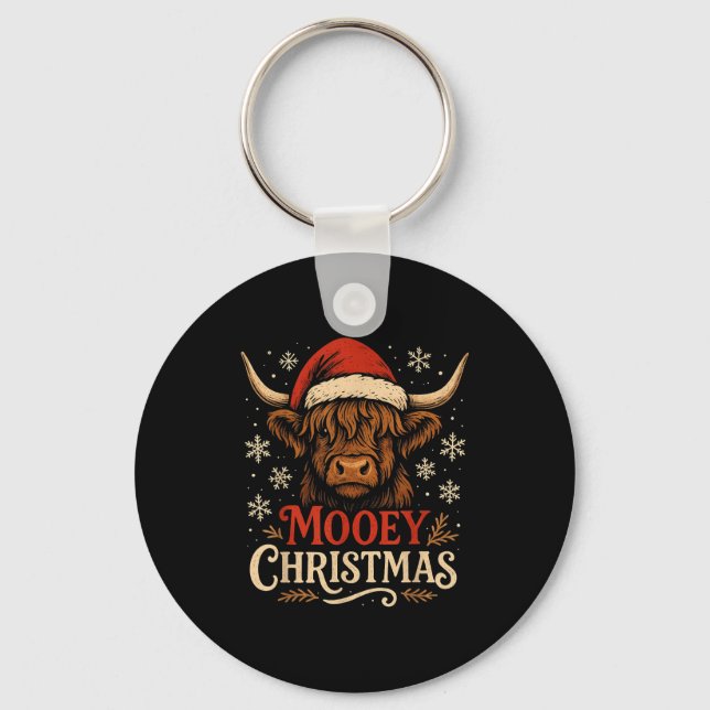 Mooey Christmas Highland Cow Funny Santa Hat Desig Key Ring (Front)