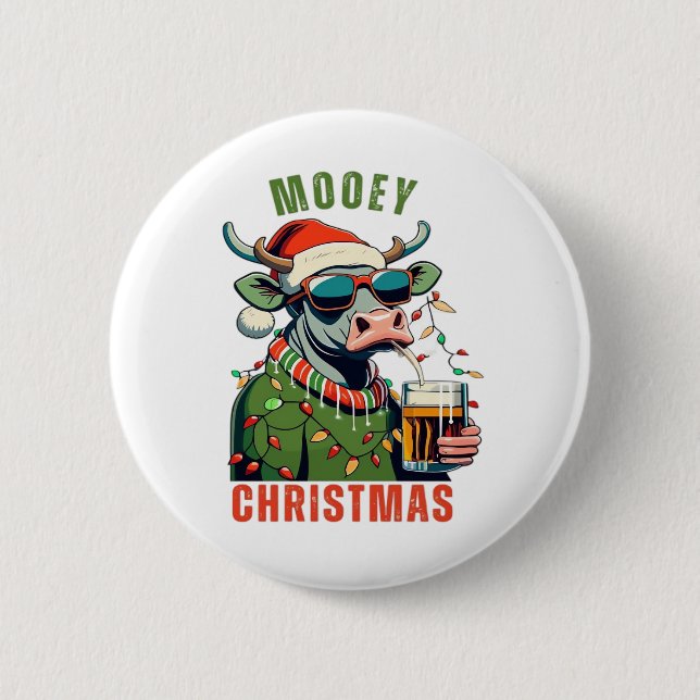 Mooey Christmas Highland Cow Light Santa Hat T-Shi 6 Cm Round Badge (Front)