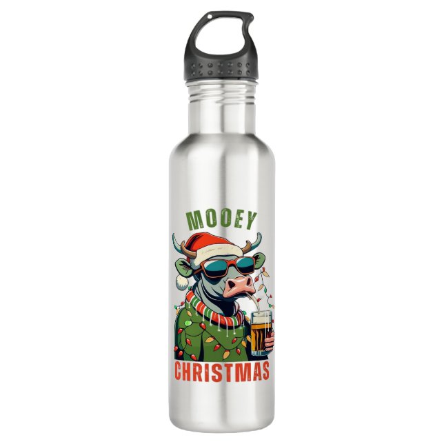 Mooey Christmas Highland Cow Light Santa Hat T-Shi 710 Ml Water Bottle (Front)