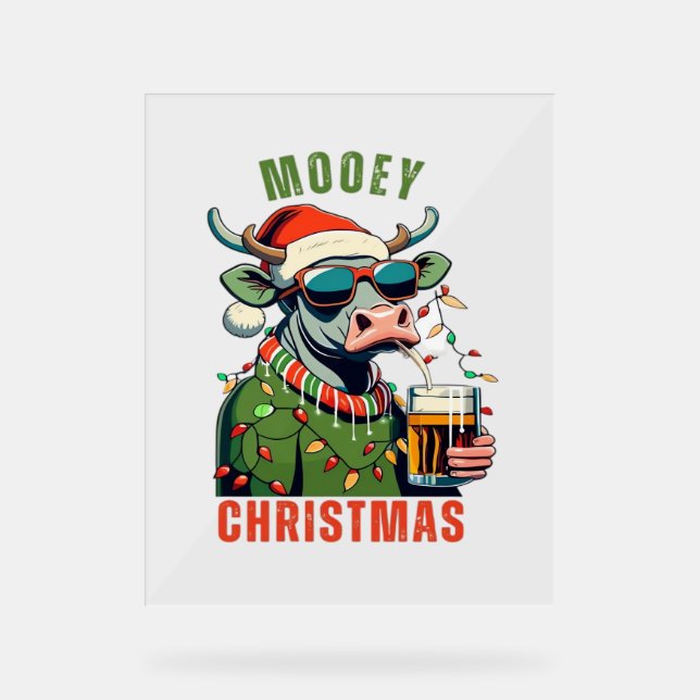 Mooey Christmas Highland Cow Light Santa Hat T-Shi Acrylic Sign (Front)