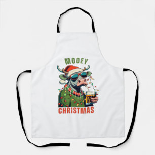 Mooey Christmas Highland Cow Light Santa Hat T-Shi Apron