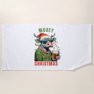 Mooey Christmas Highland Cow Light Santa Hat T-Shi Beach Towel