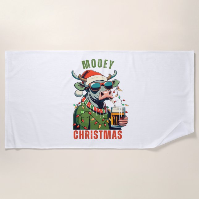 Mooey Christmas Highland Cow Light Santa Hat T-Shi Beach Towel (Front)