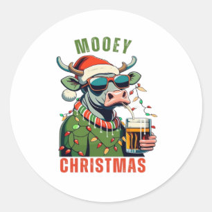 Mooey Christmas Highland Cow Light Santa Hat T-Shi Classic Round Sticker