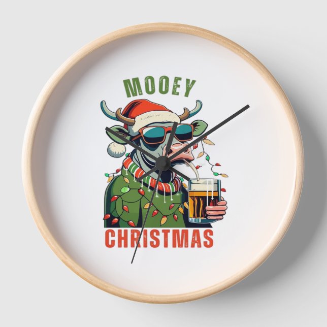 Mooey Christmas Highland Cow Light Santa Hat T-Shi Clock (Front)