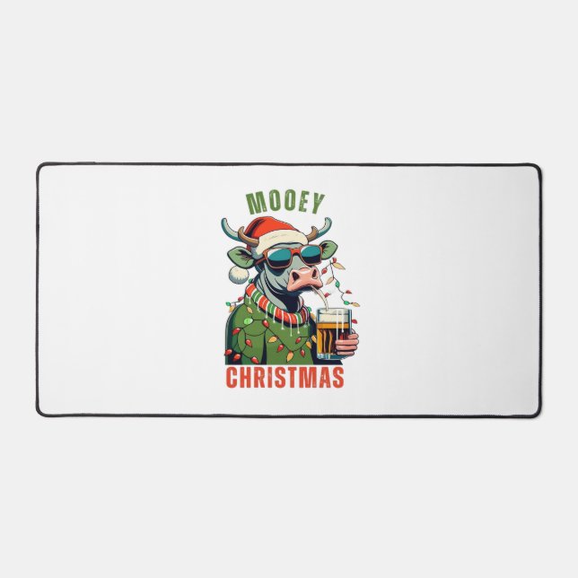 Mooey Christmas Highland Cow Light Santa Hat T-Shi Desk Mat (Front)