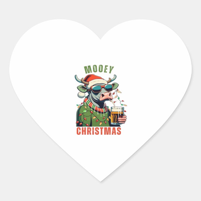Mooey Christmas Highland Cow Light Santa Hat T-Shi Heart Sticker (Front)
