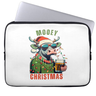Mooey Christmas Highland Cow Light Santa Hat T-Shi Laptop Sleeve