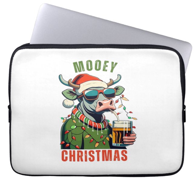 Mooey Christmas Highland Cow Light Santa Hat T-Shi Laptop Sleeve (Front)