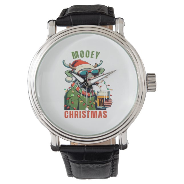 Mooey Christmas Highland Cow Light Santa Hat T-Shi Watch (Front)