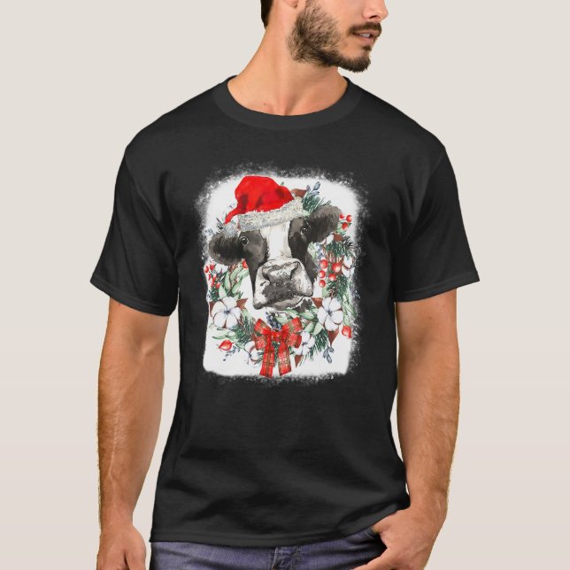 Mooey Christmas  Highland Cow Xmas Light Santa Hat T-Shirt (Front)