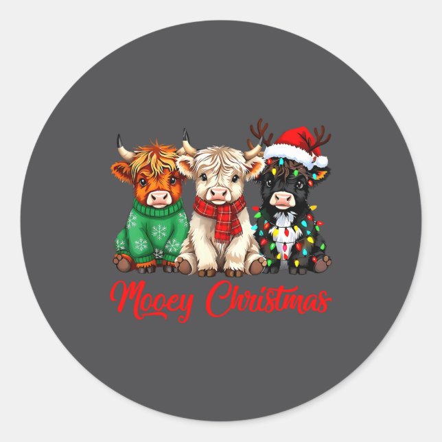 Mooey Christmas Lights Santa Hat Xmas Highland Cow Classic Round Sticker (Front)