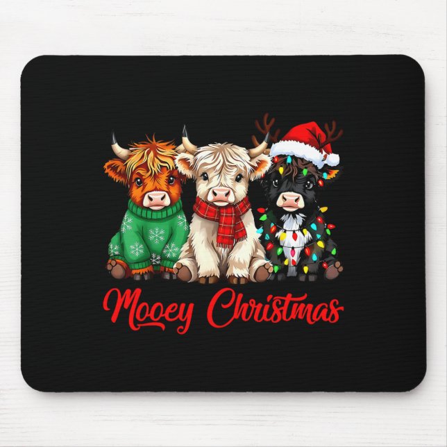 Mooey Christmas Lights Santa Hat Xmas Highland Cow Mouse Mat (Front)