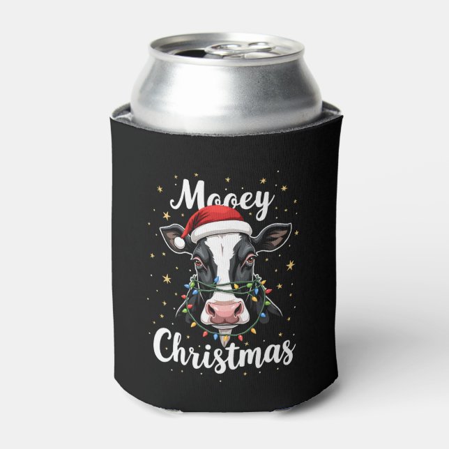 Mooey Christmas Santa Christmas Lights Cow Lovers  Can Cooler (Can Front)