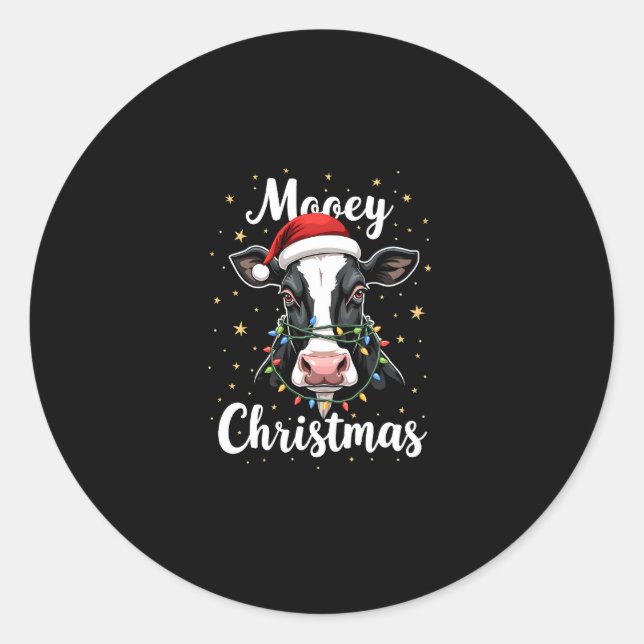 Mooey Christmas Santa Christmas Lights Cow Lovers  Classic Round Sticker (Front)