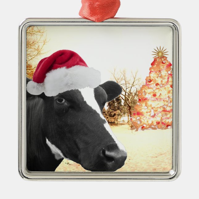 Mooey Christmas Winter Cow In Santa Hat Metal Tree Decoration (Front)