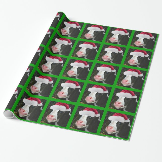 Mooey Cow Santa Hat Christmas Wrapping Paper (Unrolled)