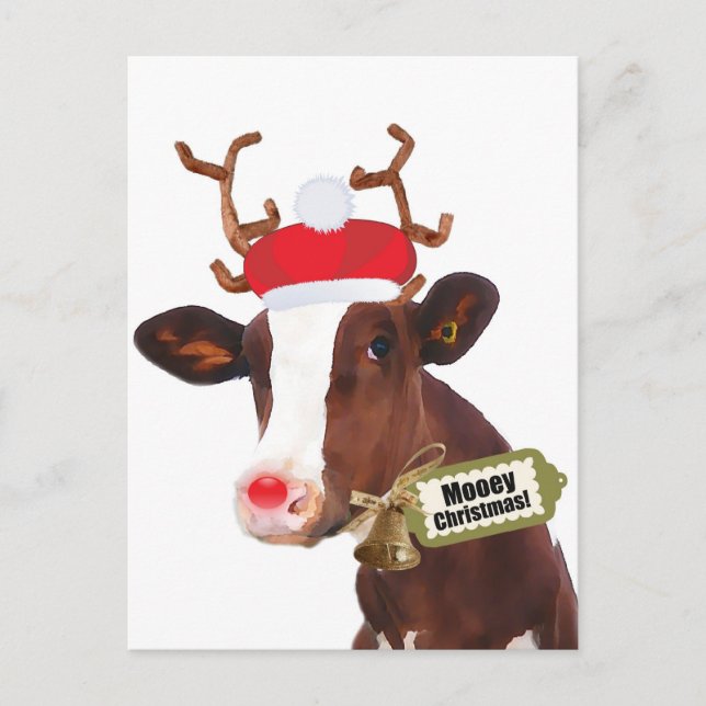 Mooey Merry Christmas Reindeer Cow Holiday Postcard (Front)