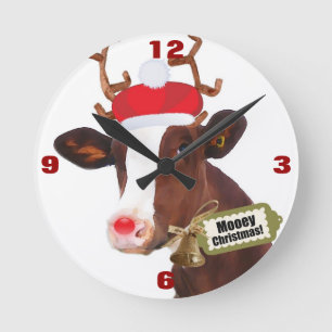 Mooey Merry Christmas Reindeer Cow Round Clock