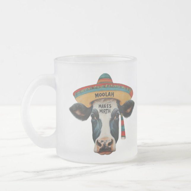 "Moolah Makes Mirth" in multi-colour: Frosted Glass Coffee Mug (Left)