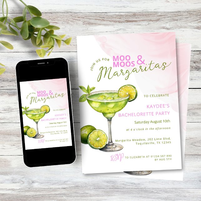 MooMoos & Margaritas Pink Bachelorette Party Invitation (Pink and green MooMoos and Margaritas bachelorette party invitation)