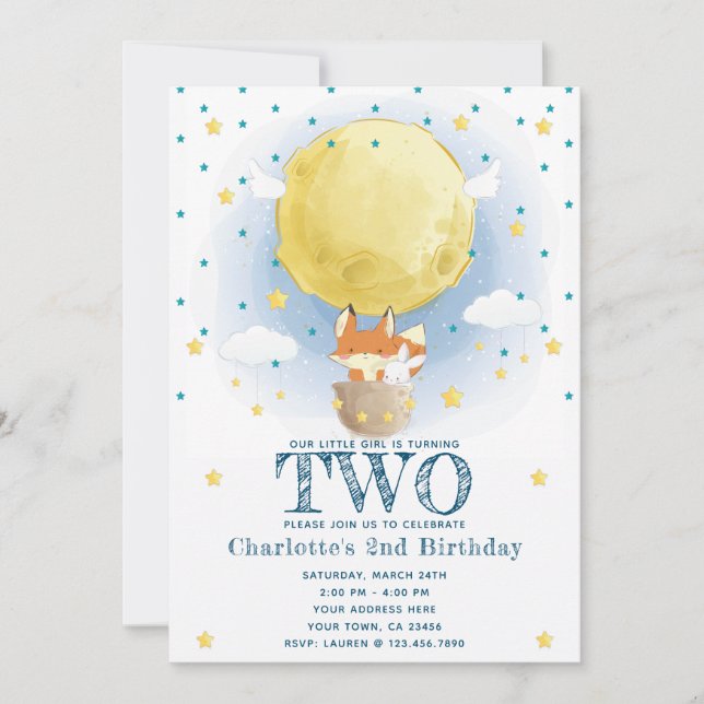 Moon Air Balloon Stars Glitter Birthday Invitation (Front)