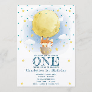 Moon Air Balloon Stars Glitter Birthday Invitation
