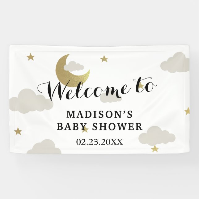 Moon and Back Star Clouds Baby Shower Backdrop Banner (Horizontal)