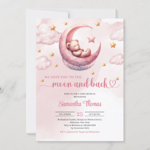 Moon and back teddy bear girl baby shower invitation