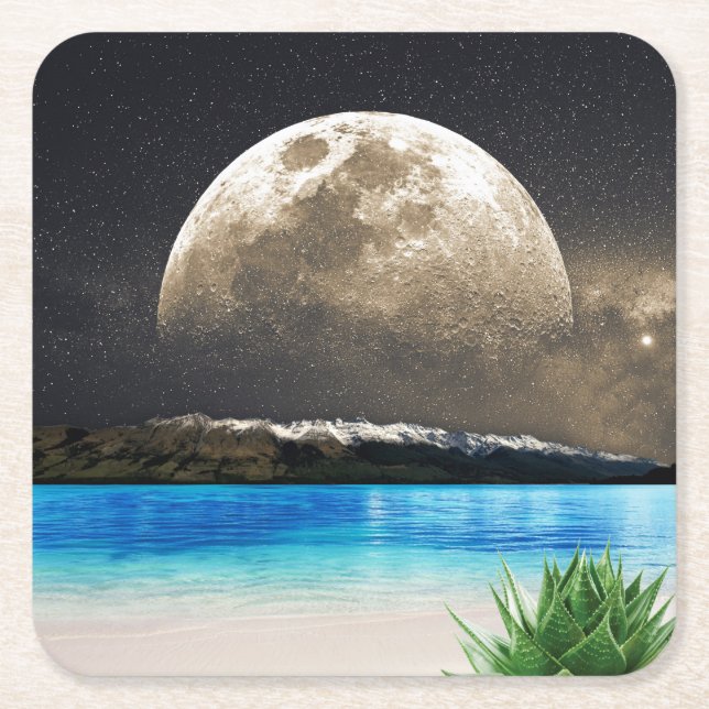 Moon And Beach Square Paper Coaster (Front)