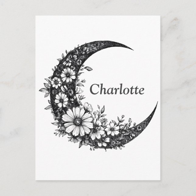 Moon and Flowers Art with Customizable Name Postcard (Front)