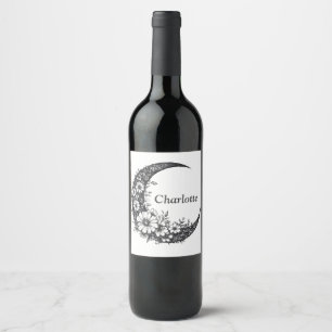 Moon and Flowers Art with Customizable Name Wine Label