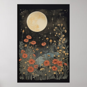 Moon and flowers vintage poster