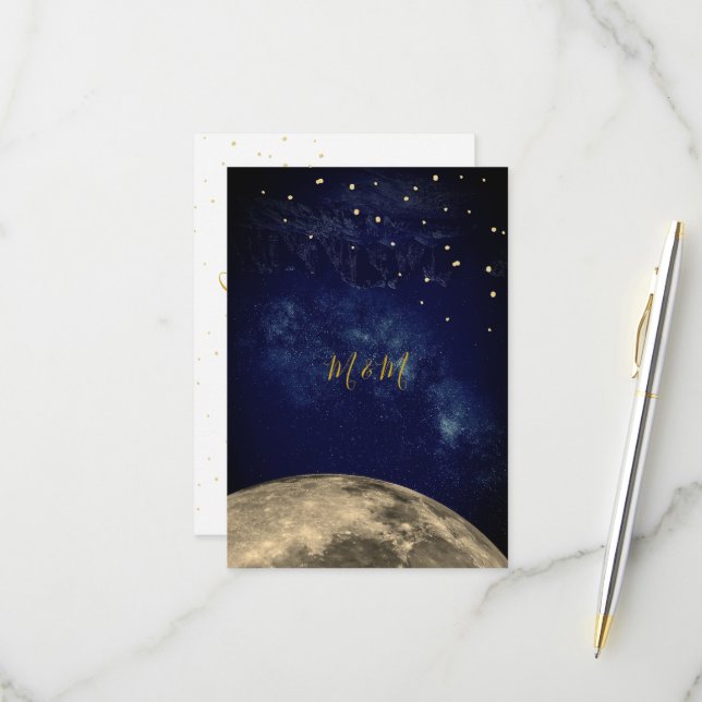 Moon and Night Sky  Blue Gold Monogram RSVP Card (Front/Back In Situ)
