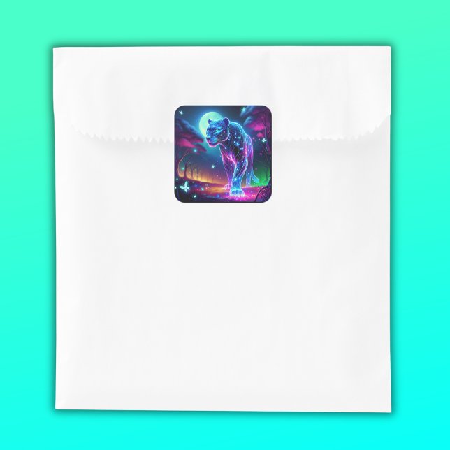 Moon and Panther Holographic Neon Colourful | Square Sticker (Creator Uploaded)