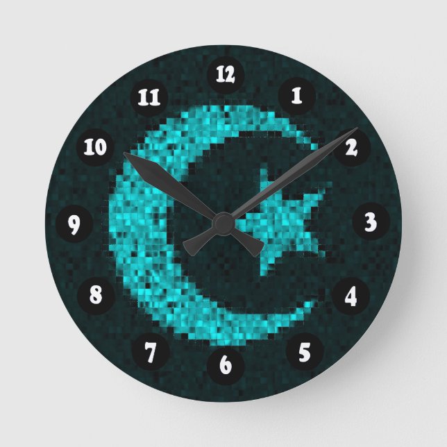 Moon and star blue islamic round clock (Front)