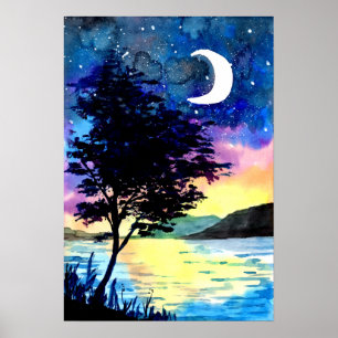 Moon and Stars above the Lake Poster